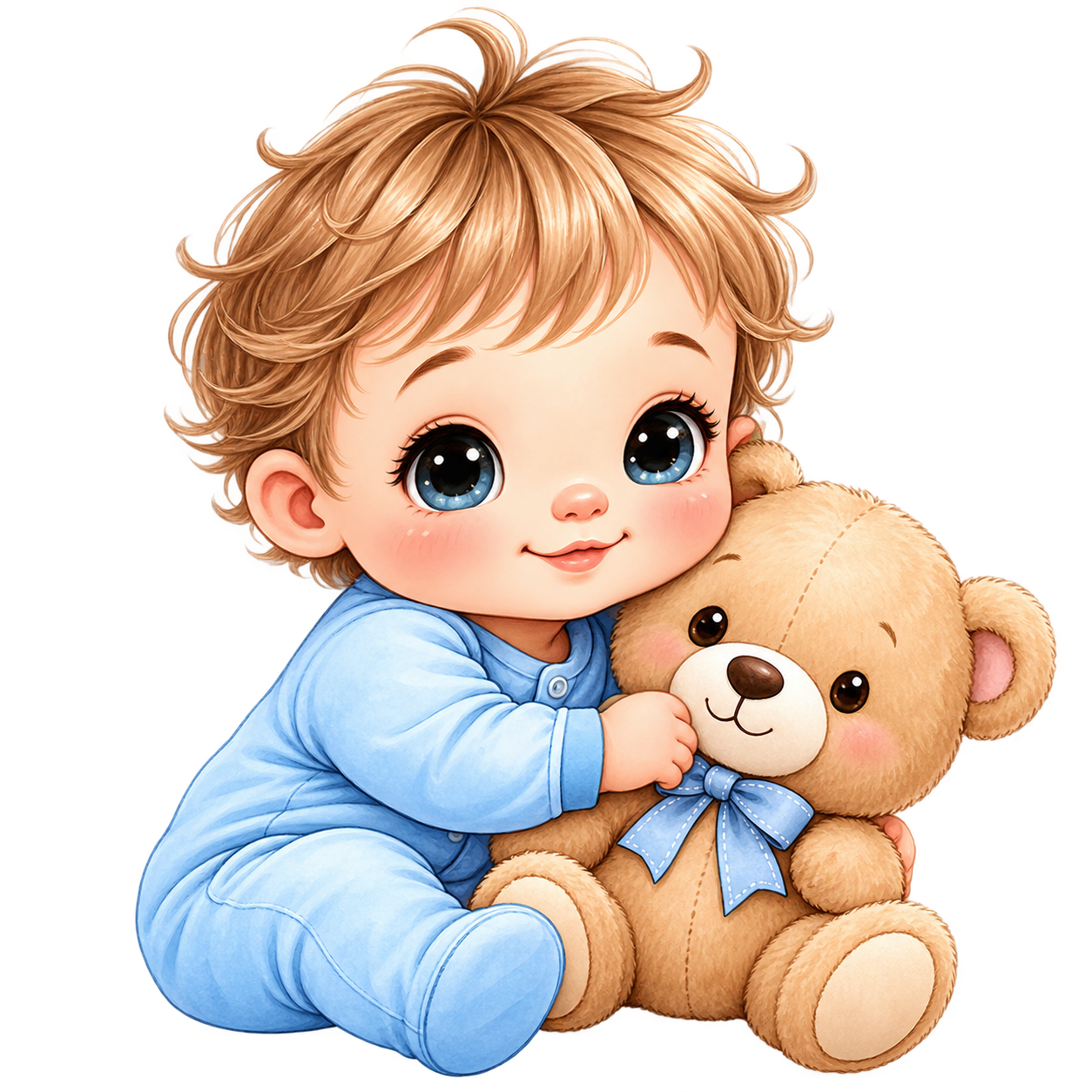 Gezeichneter Junge in blauem Strampler kuschelt mit einem Teddybären