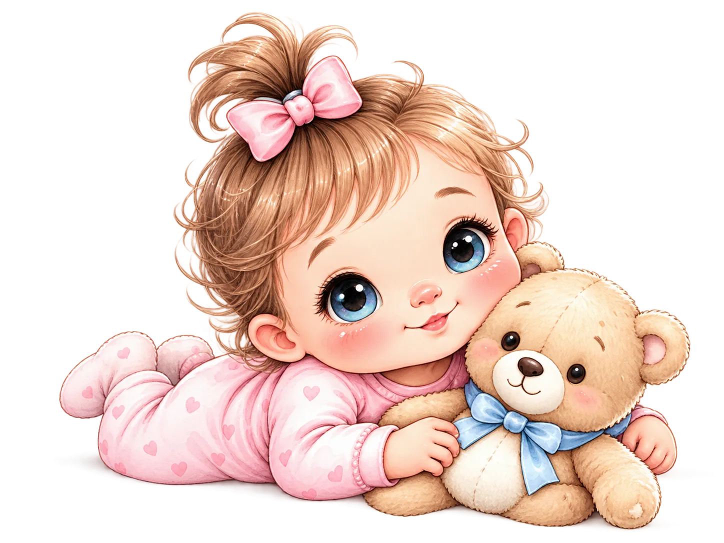 Gezeichnetes Baby kuschelt mit einem Teddybären