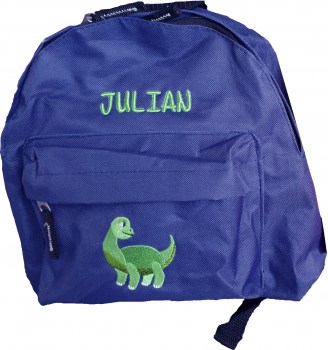 Rucksack blau bestickt mit einem Dino und Name