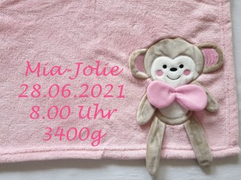 Babydecke Affe mit Name bestickt in rosa