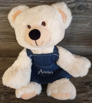 Teddy Recyclebaer mit Jeansrock und Name